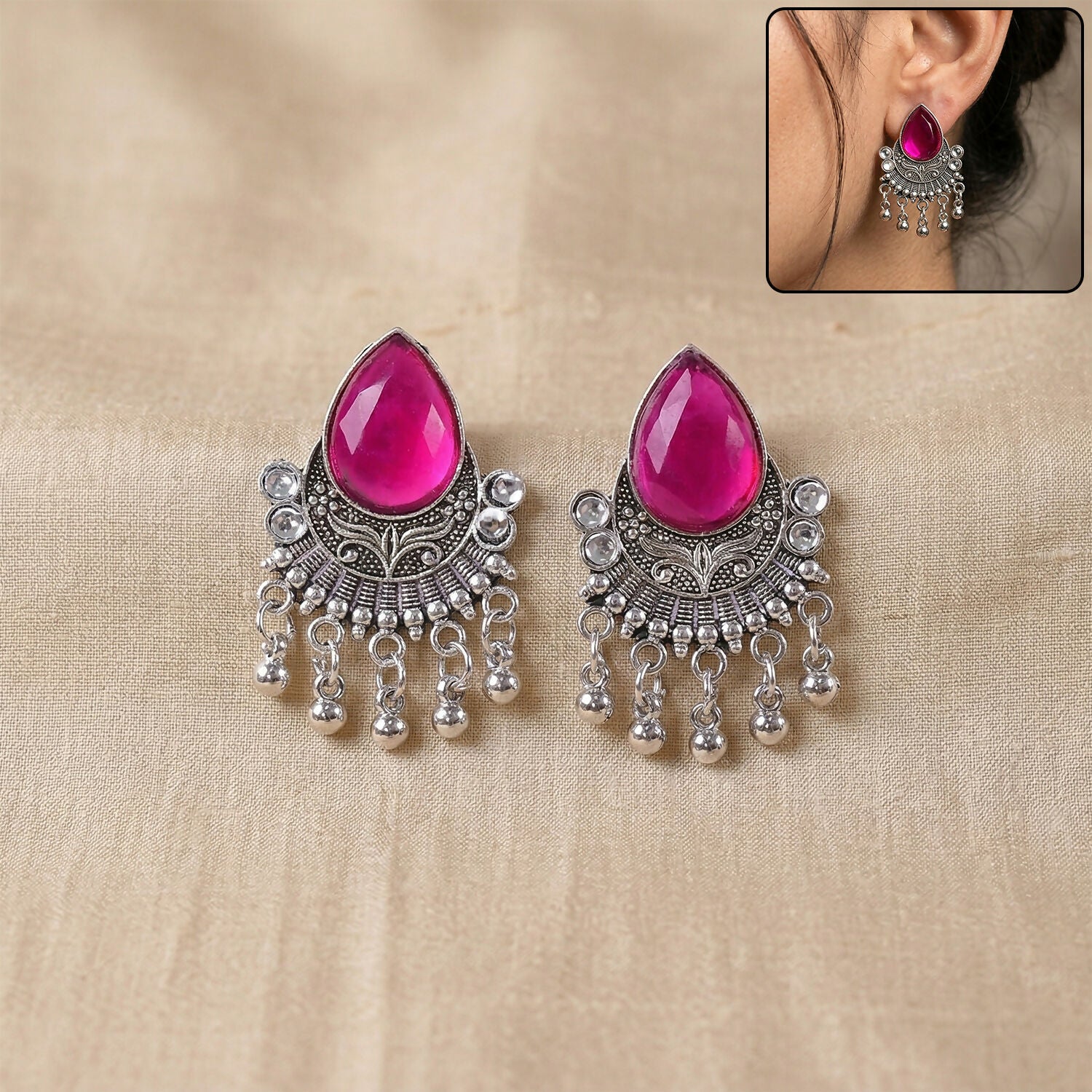 Oxidized Silver-Plated Magenta Pink Pear Stone Earrings | Traditional Ethnic Jewelry