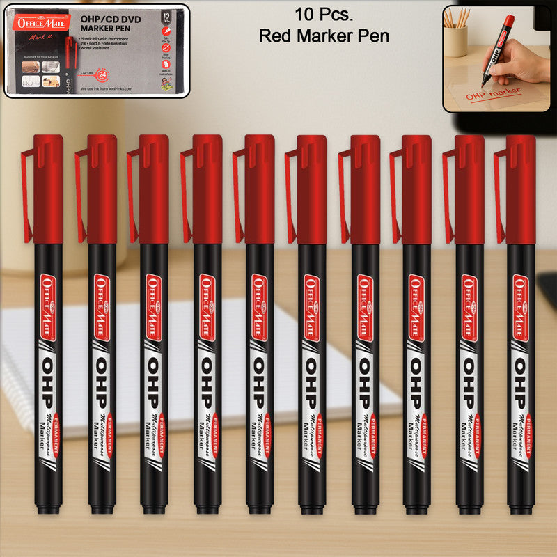 Officemate OHP/CD DVD Red Marker Pen – 10 Pc Permanent Writing Set