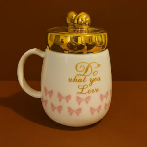 White Ceramic Mug with Golden Lid & Heart Handle – Do What You Love Print