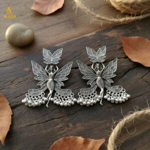 Enchanted Fairy Wing Oxidized Silver Statement Earrings with Dangling Beads