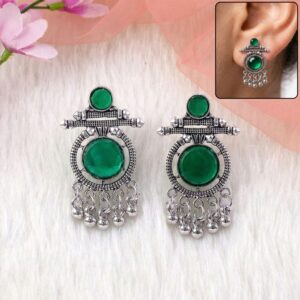 German Silver Green Stone Drop Earrings for Women | Festive & Party Wear Jewelry