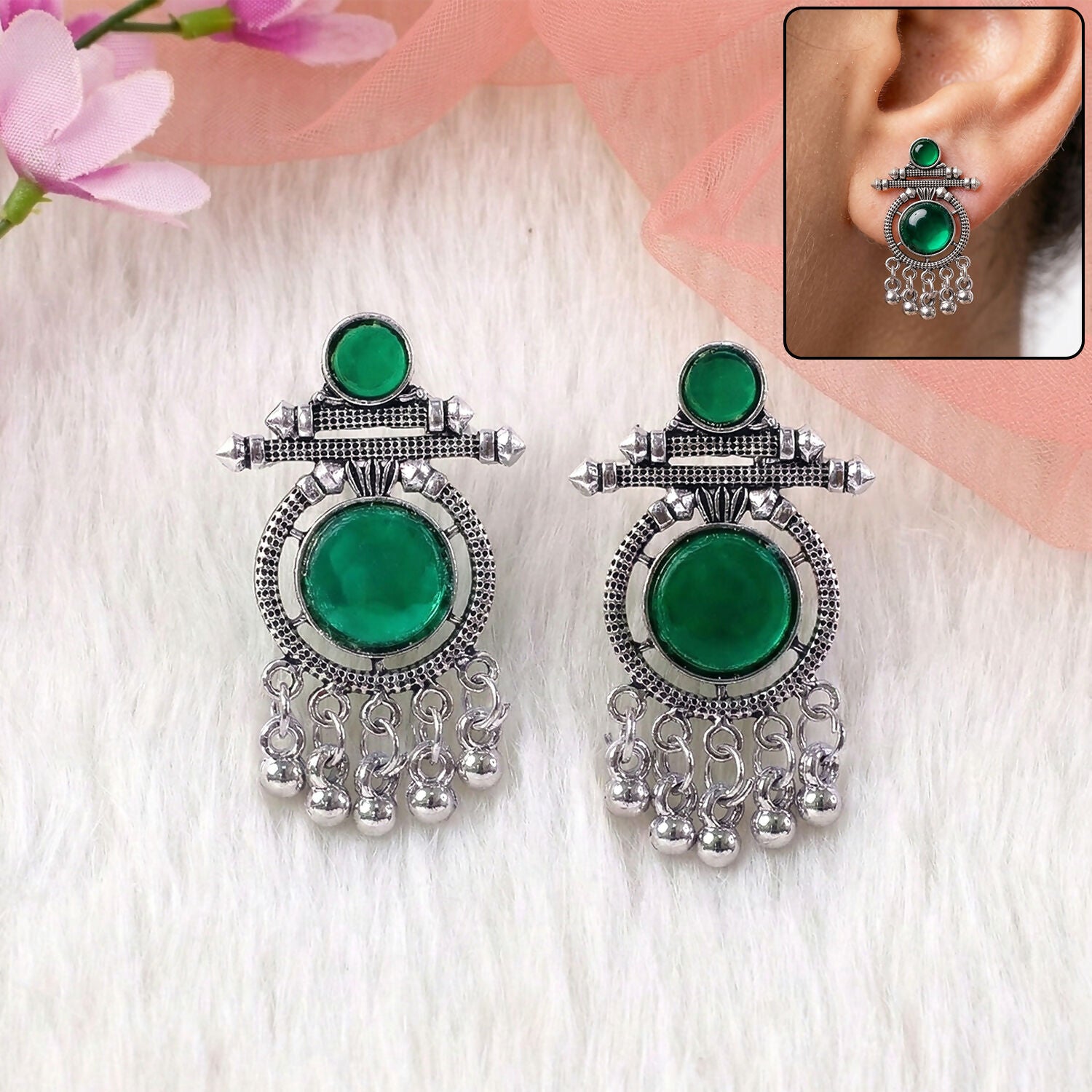 German Silver Green Stone Drop Earrings for Women | Festive & Party Wear Jewelry