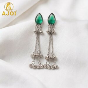 Silver Green Teardrop Stone Chain Drop Earrings with Ghungroo Bells for Women