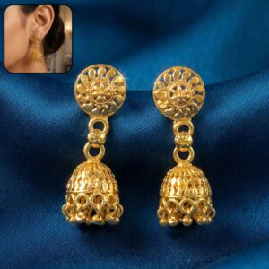 Detailed Gold Jhumka Earrings with Intricate Work and Pearl Accents for Festive Wear