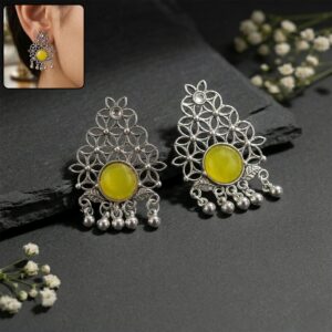Oxidized Silver Filigree Earrings with Vibrant Yellow Center Stone and Ghungroo Dangles