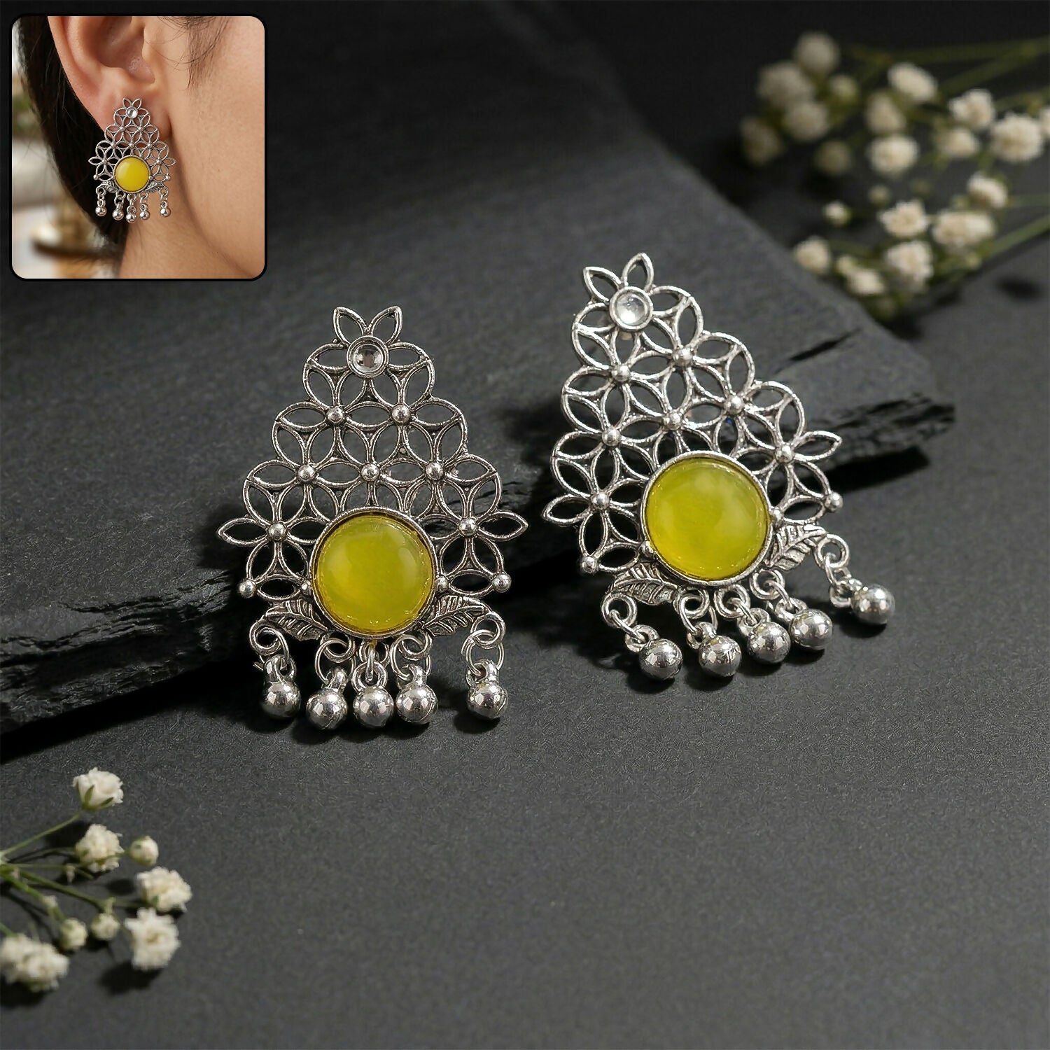 Oxidized Silver Filigree Earrings with Vibrant Yellow Center Stone and Ghungroo Dangles