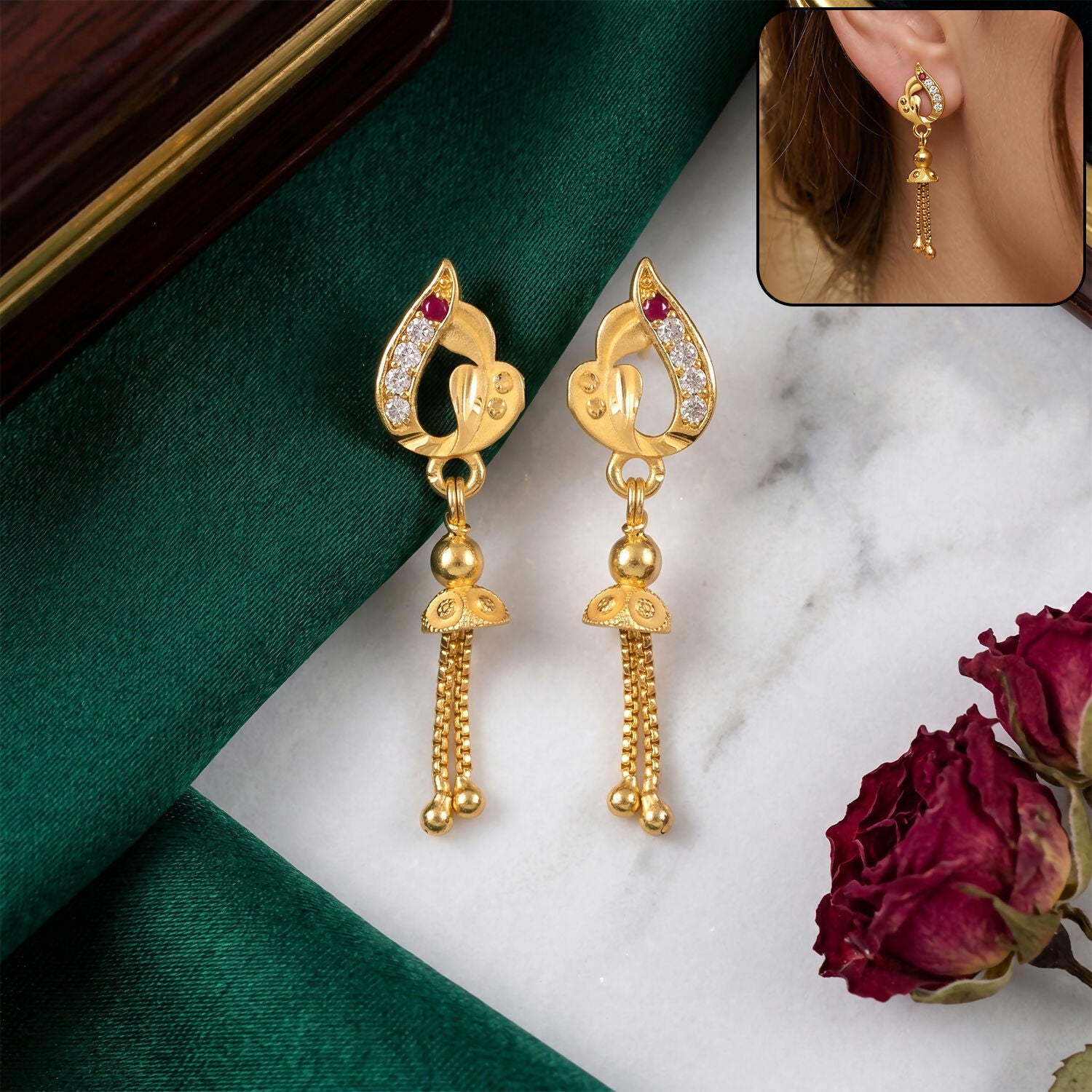 Elegant Leaf Design Gold Finish Chain Drop Earrings for Women (1 Pair)