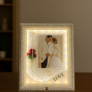 Crystal White LED Wedding Photo Frame | Elegant Square Illuminated Picture Frame with Decorative Floral Design & Rings | 4x6 Inch Couple Photo Frame | Romantic Gift for Wedding, Anniversary, Valentine’s Day & Home Décor