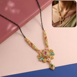 Antique Finish Grand Meenakari Pendant with Teardrop Drop Long Single Strand Mangalsutra