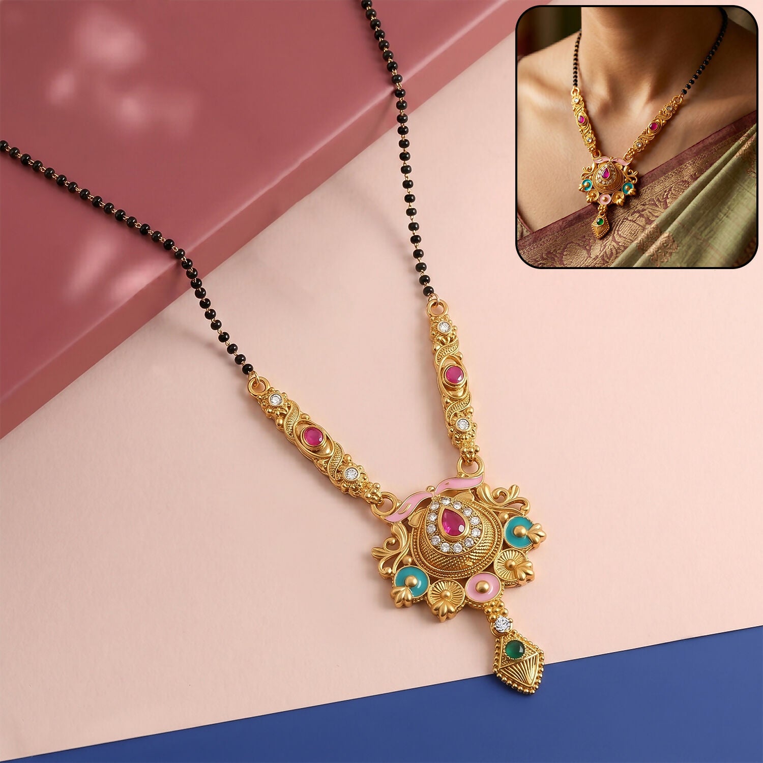 Antique Finish Grand Meenakari Pendant with Teardrop Drop Long Single Strand Mangalsutra