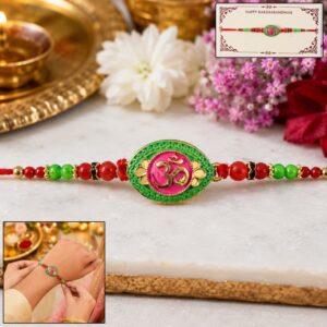 OM Symbol Pink Green Oval Designer Rakhi