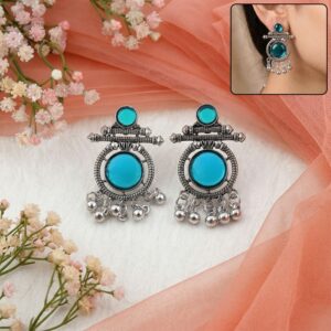 Oxidized Silver Teal Stone Earrings | Traditional Ethnic Jewelry | Women’s Fashion Drops