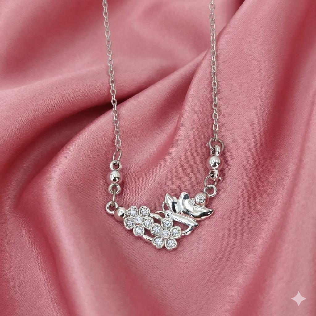 Silver Plated Butterfly & Crystal Floral Pendant Necklace For women and girls