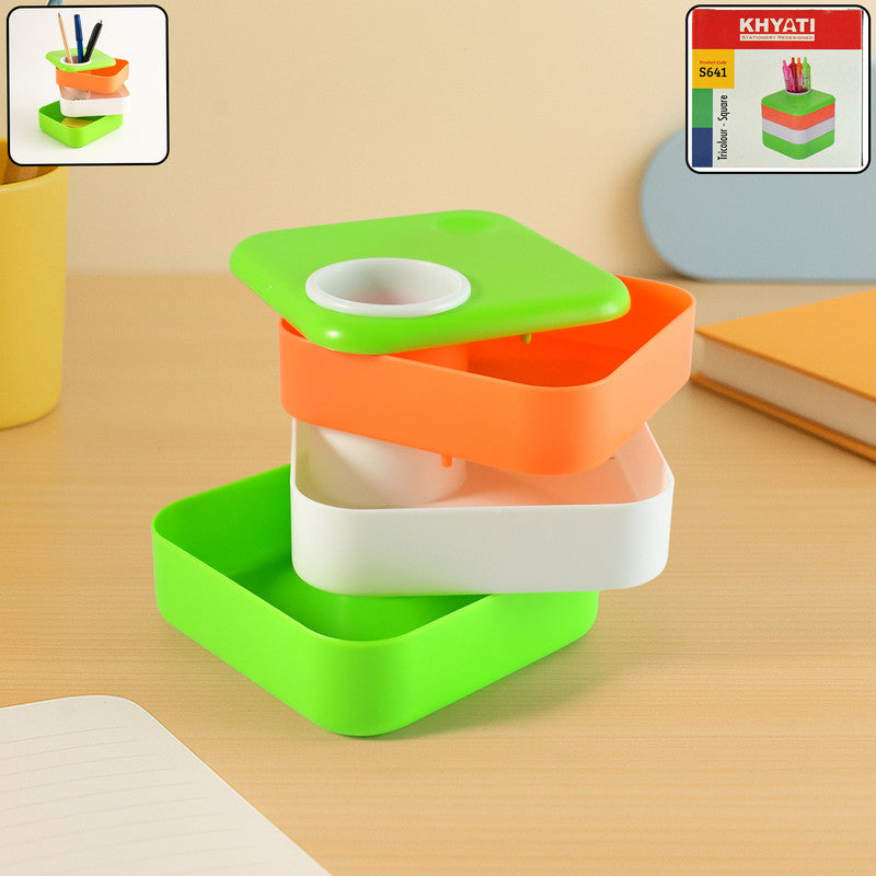 Khyati Tricolour Square Pen Stand Sliding Drawers – Multi-Functional Desk Organizer