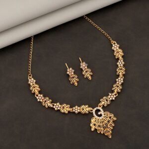 Gold-Toned American Diamond & Kundan-Style Leafy Necklace Set
