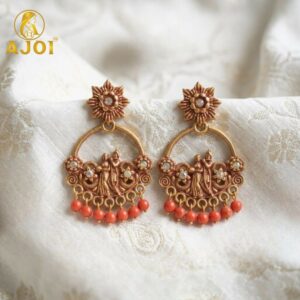 Coral Bead Radha Krishna Antique Chandbali Earrings with Floral Studs for Women