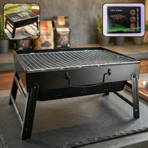 Portable Foldable Charcoal BBQ Grill with Grilling Mesh (1 Pc, 36x27 Cm)