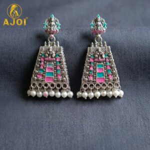 Silver Temple Style Pearl Drop Earrings with Pink Green Enamel Work for Women
