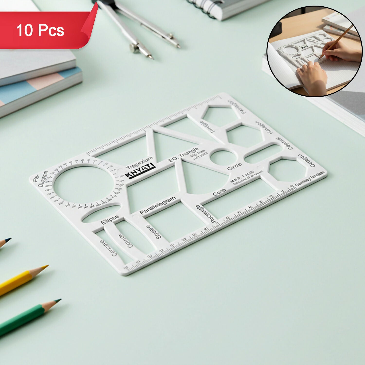 Khyati Multipurpose Geometry Drawing Template with 16 Shapes, Stencil for Technical Drawing (10Pcs)