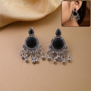 Oxidized Silver Teal Black Stone Jhumka Earrings | Antique Floral Stud Drops
