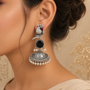 Royal Peacock Oxidized Silver Jhumka Earrings with Black Stone & Pearl Accents