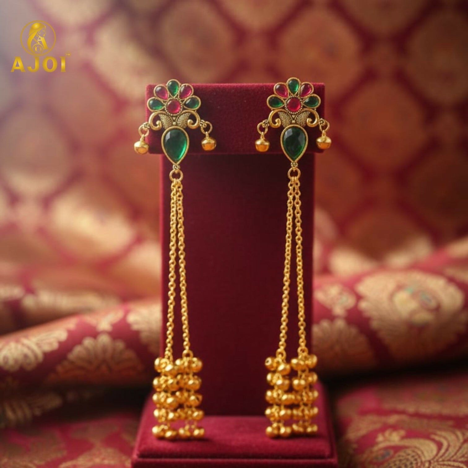 Kashmiri Style Gold Plated Floral Long Latkan Earrings For Women And Girls
