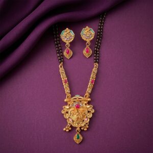 Antique Finish Radha Krishna Deity Medallion with Teal Enamel Drop Earring Set Double Strand Mangalsutra