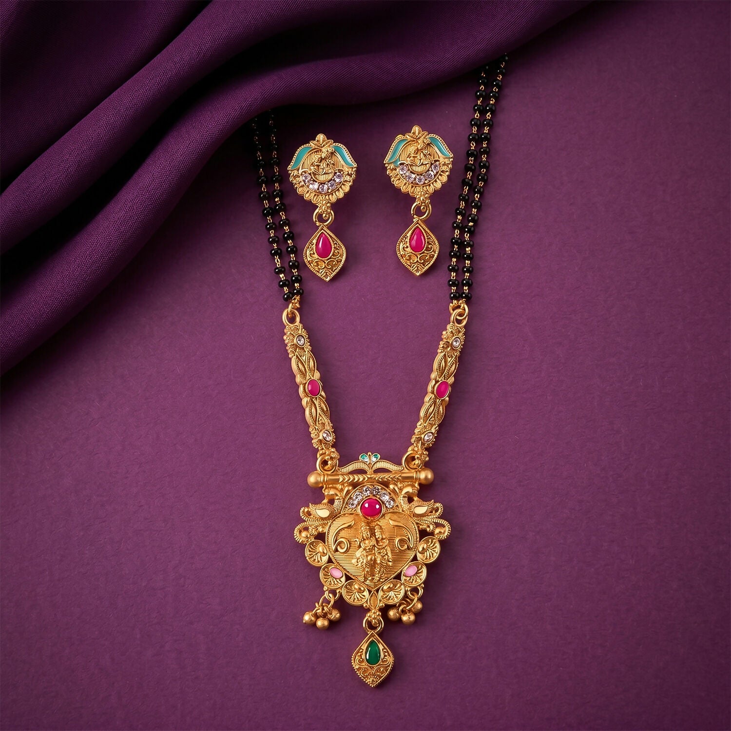 Antique Finish Radha Krishna Deity Medallion with Teal Enamel Drop Earring Set Double Strand Mangalsutra