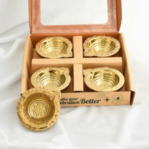 Traditional Engraved Decorative Ceramic Diya with Gold PVD Plating & Antique Metallic Finish (4 Pc)