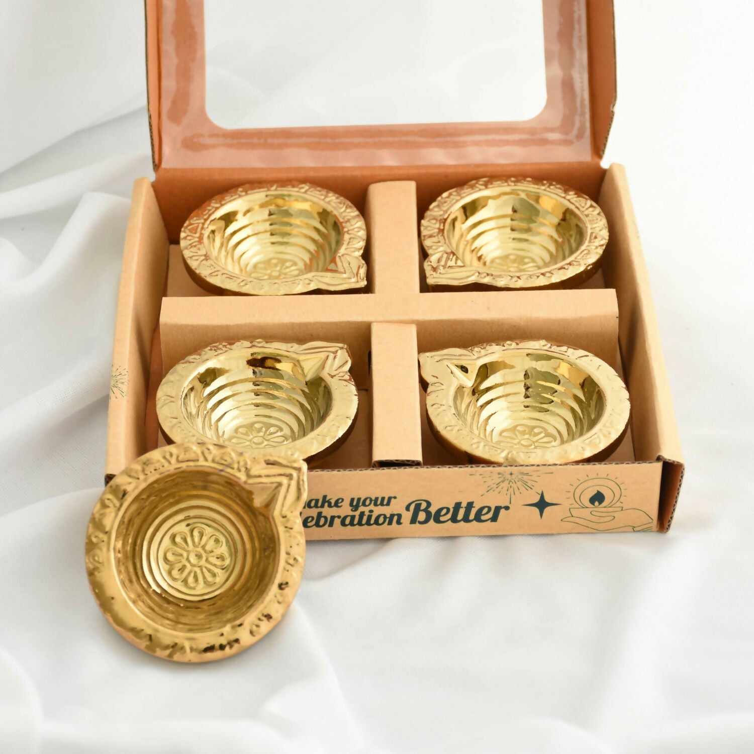 Traditional Engraved Decorative Ceramic Diya with Gold PVD Plating & Antique Metallic Finish (4 Pc)