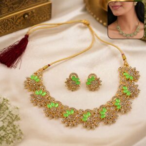 Premium Green Stone Floral Necklace Set with Matching Earrings for Women