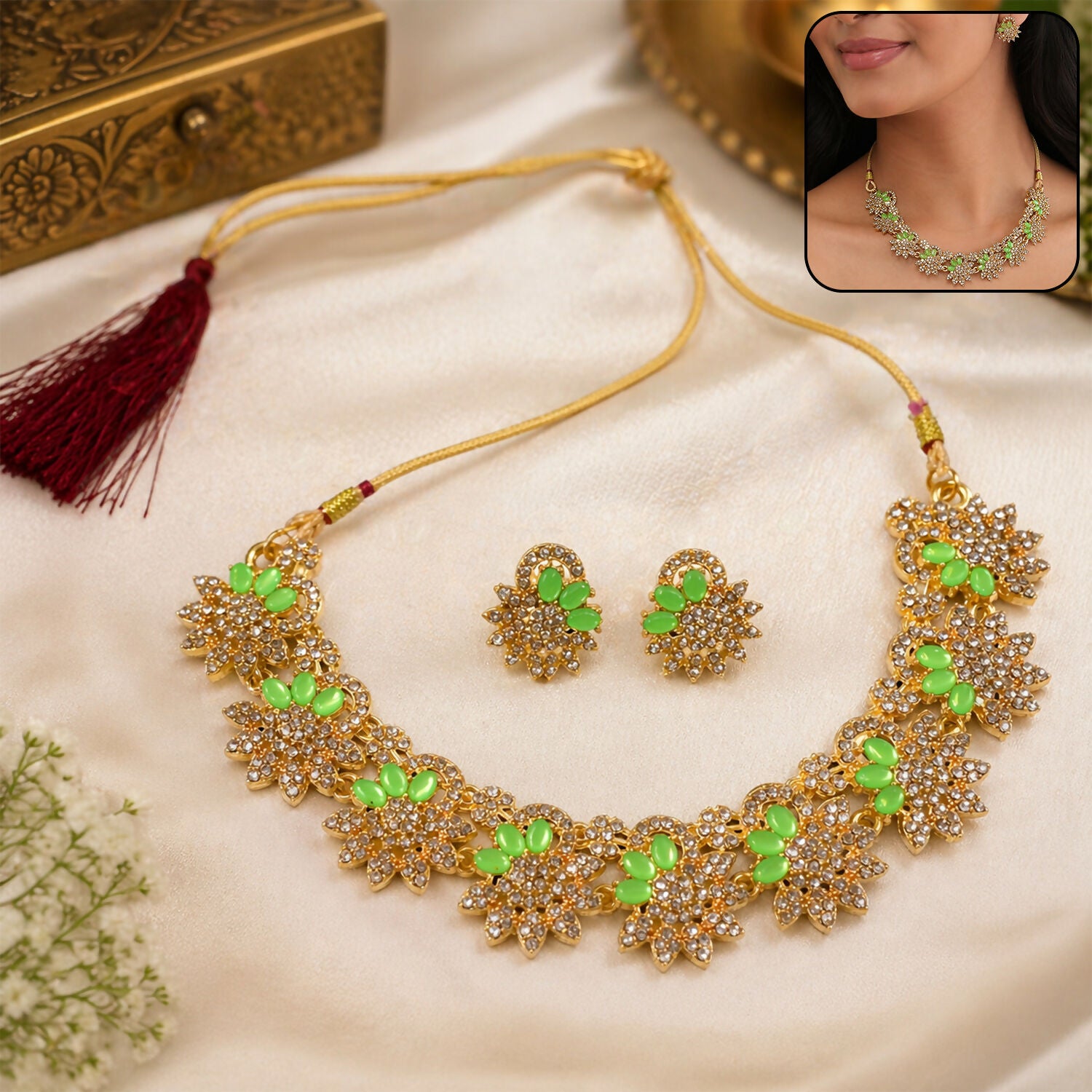 Premium Green Stone Floral Necklace Set with Matching Earrings for Women