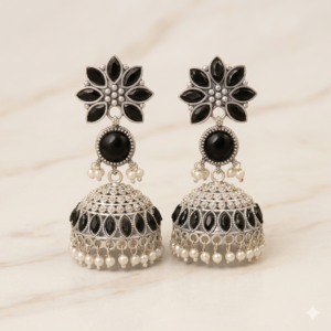 Traditional Silver Oxidized Jhumka Earrings with Black Stones & Pearl Accents
