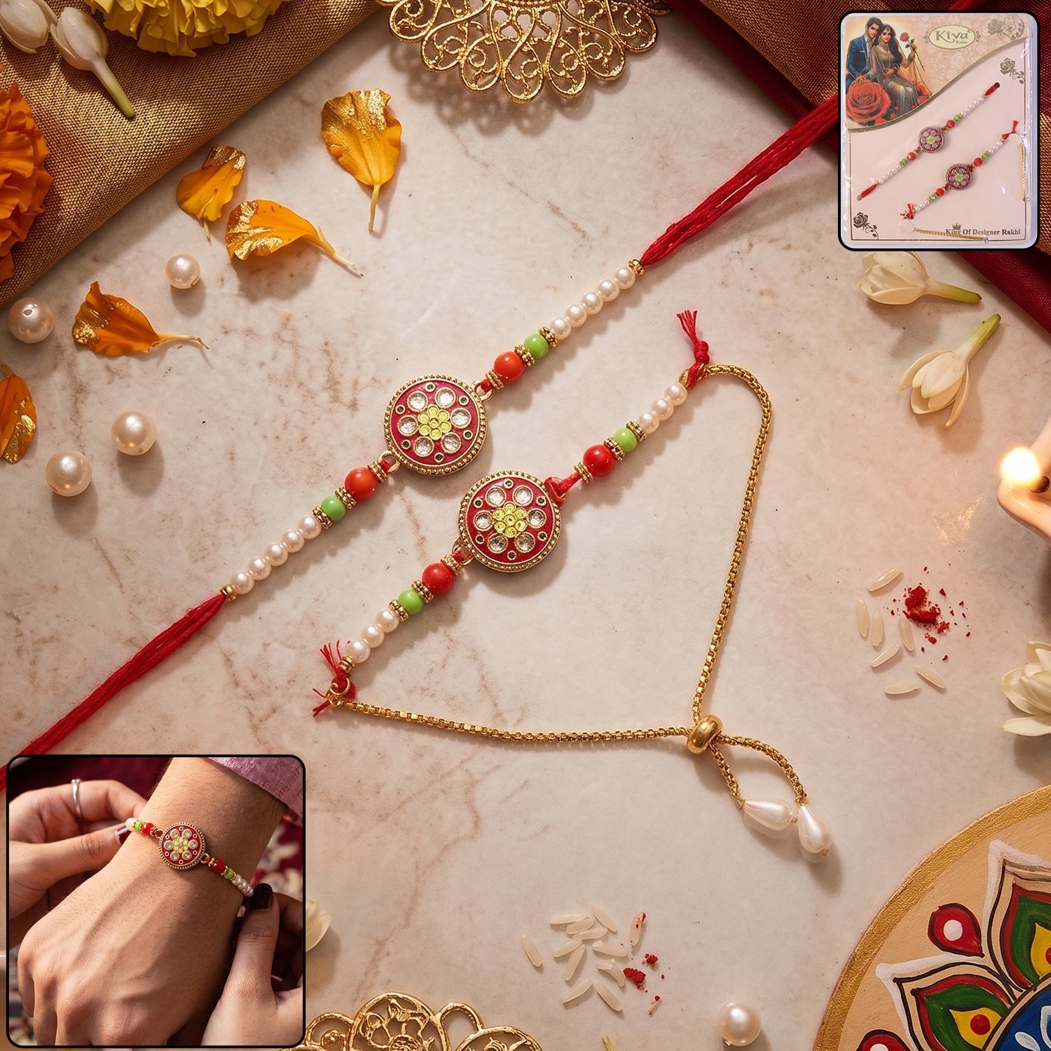 Designer Pearl Rakhi with Floral Stone Work (1 Pc)