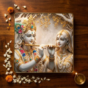 3D Radha Krishna Flute Art Crystal Wall Frame Decorative (12x12 Inch)