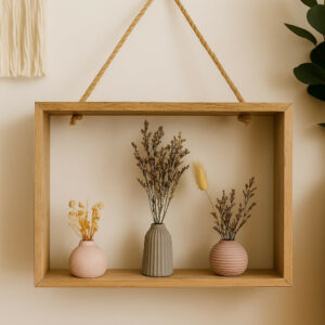 Elegant Minimalist Wooden Frame with Three Ceramic Vases and Dried Flower Arrangement – Rustic Boho Home Décor Accent for Living Room, Bedroom, Office, or Gift – Nordic Style Tabletop and Wall Display Decoration