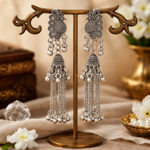 ELEGANT OXIDISED PEACOCK LONG CHAIN JHUMKA EARRINGS