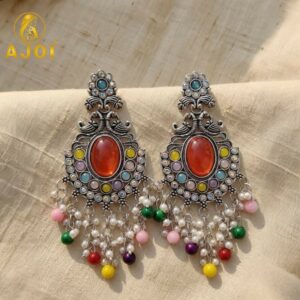 Oxidized Silver Multicolor Stone Chandbali Earrings with Pearl Bead Drops