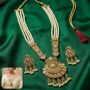 Gold-Plated Pearl Necklace Set with Intricate Work and Matching Earrings