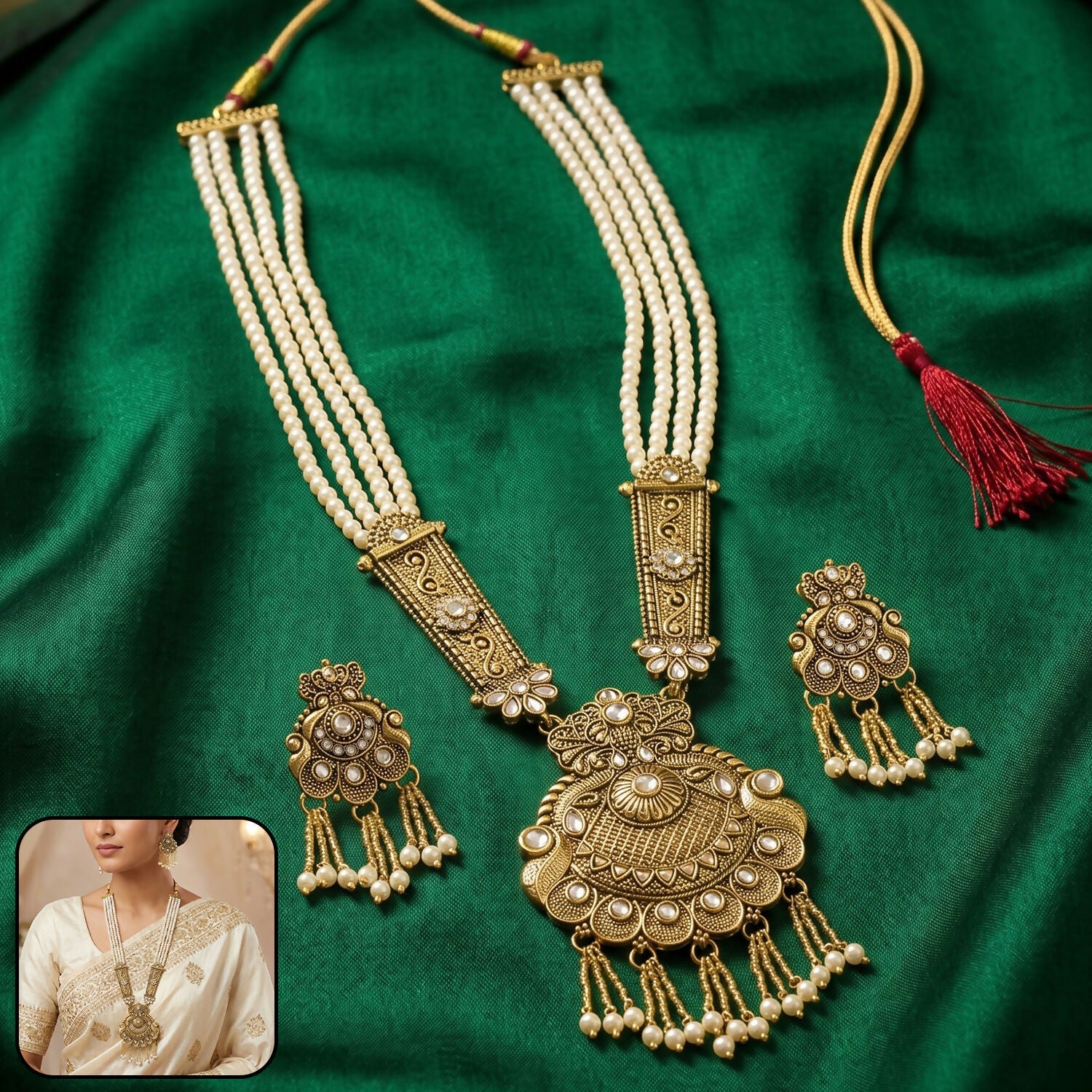Gold-Plated Pearl Necklace Set with Intricate Work and Matching Earrings