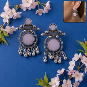 Handcrafted German Silver Pink Stone Earrings | Antique Boho Style Dangle Earrings
