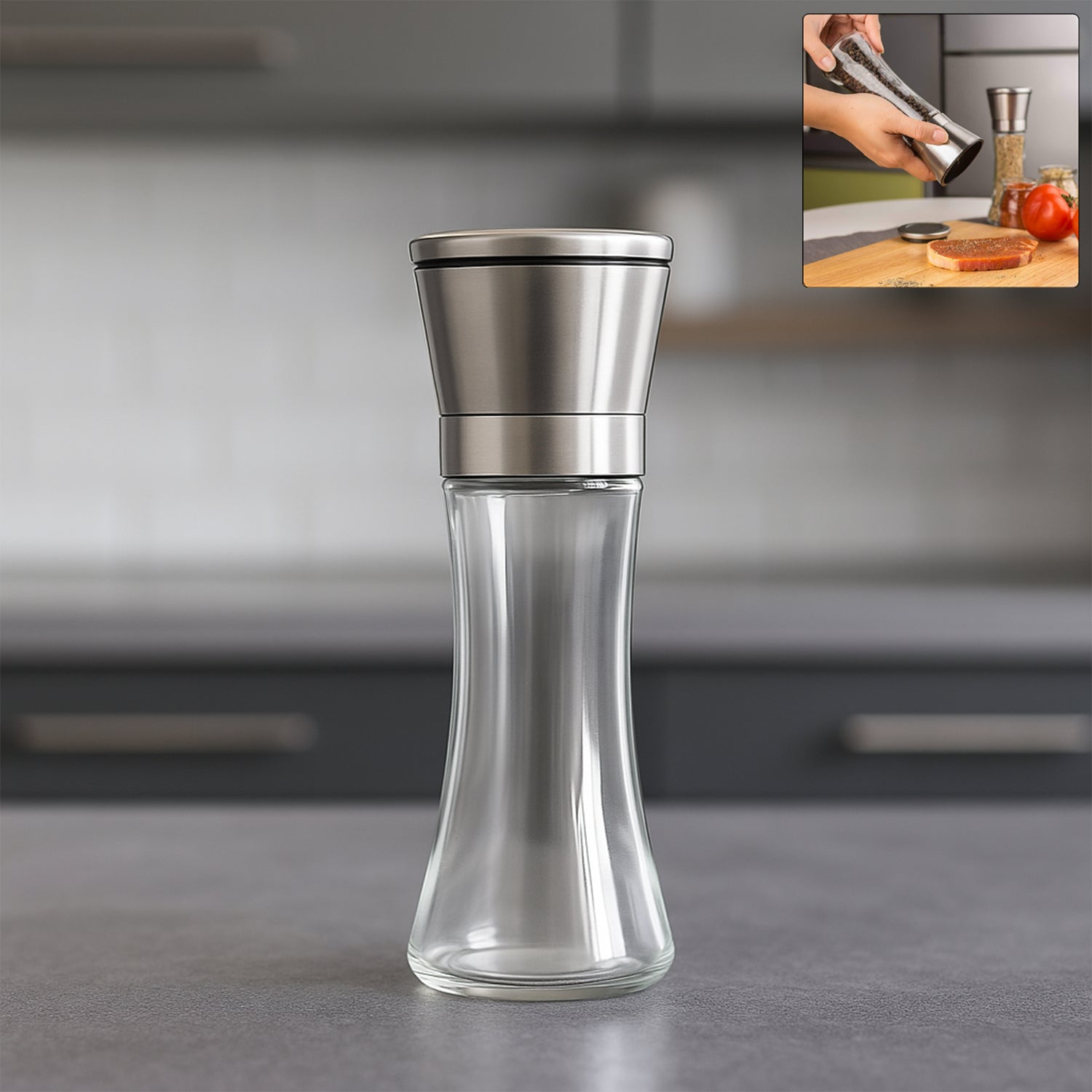 Premium Stainless Steel & Glass Manual Spice Grinder (1 Pc)