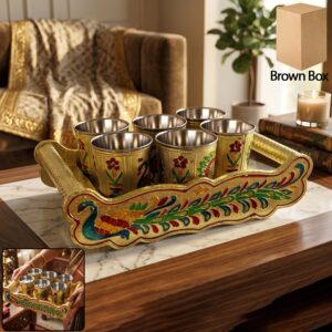 Peacock Design Glass with Handle and Handicraft Serving Tray Set