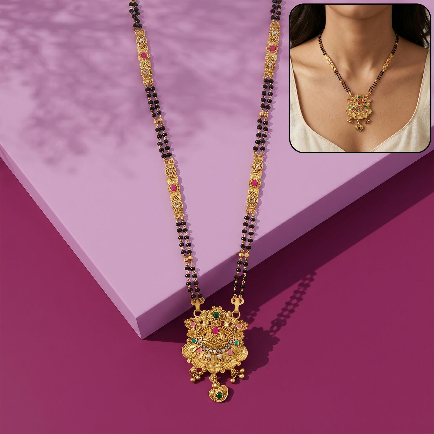 Antique Finish Floral Crown Lotus Pendant with Pink Enamel Petals Long Double Strand Mangalsutra