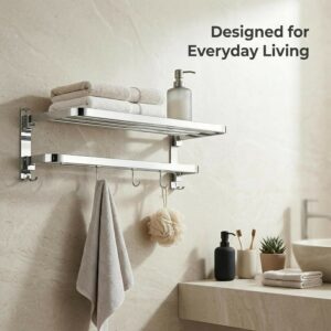 Wall Mounted Stainless Steel Bathroom Towel Rack with Shelf & Multi Hooks