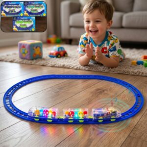 Interactive Train Set with Tracks, Lights & Music – Battery Operated, Transparent Design for Kids