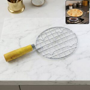 Kitchen Round Stainless Steel Roaster Papad Jali, Barbecue Grill with Wooden Handle