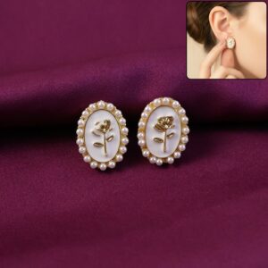 Elegant Vintage Rose Oval Pearl Stud Earrings for Women | Gold Plated Classic Floral Design | Korean Style Jewelry
