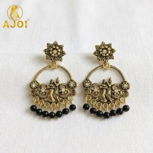 Black Bead Antique Gold Radha Krishna Chandbali Earrings for Ethnic Looks
