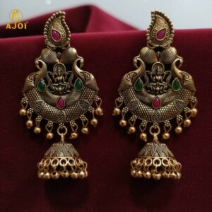 Premium Antique Gold Plated Temple Jhumka Earrings with Lakshmi Motif & Stone Work